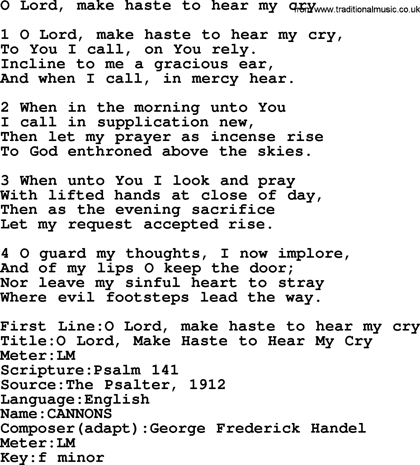 Presbyterian Hymns collection, Hymn: O Lord, Make Haste To Hear My Cry, lyrics and PDF