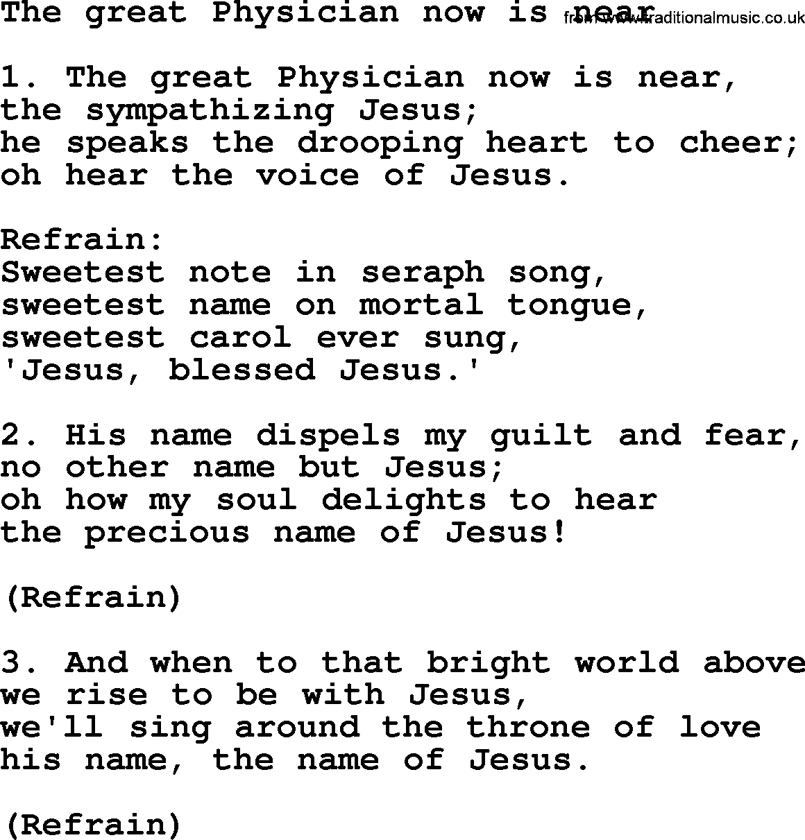 Presbyterian Hymns collection, Hymn: The Great Physician Now Is Near, lyrics and PDF