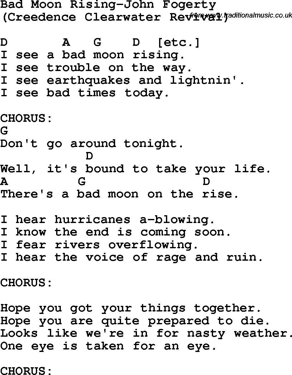 Protest Song Bad Moon Rising-John Fogerty lyrics and chords
