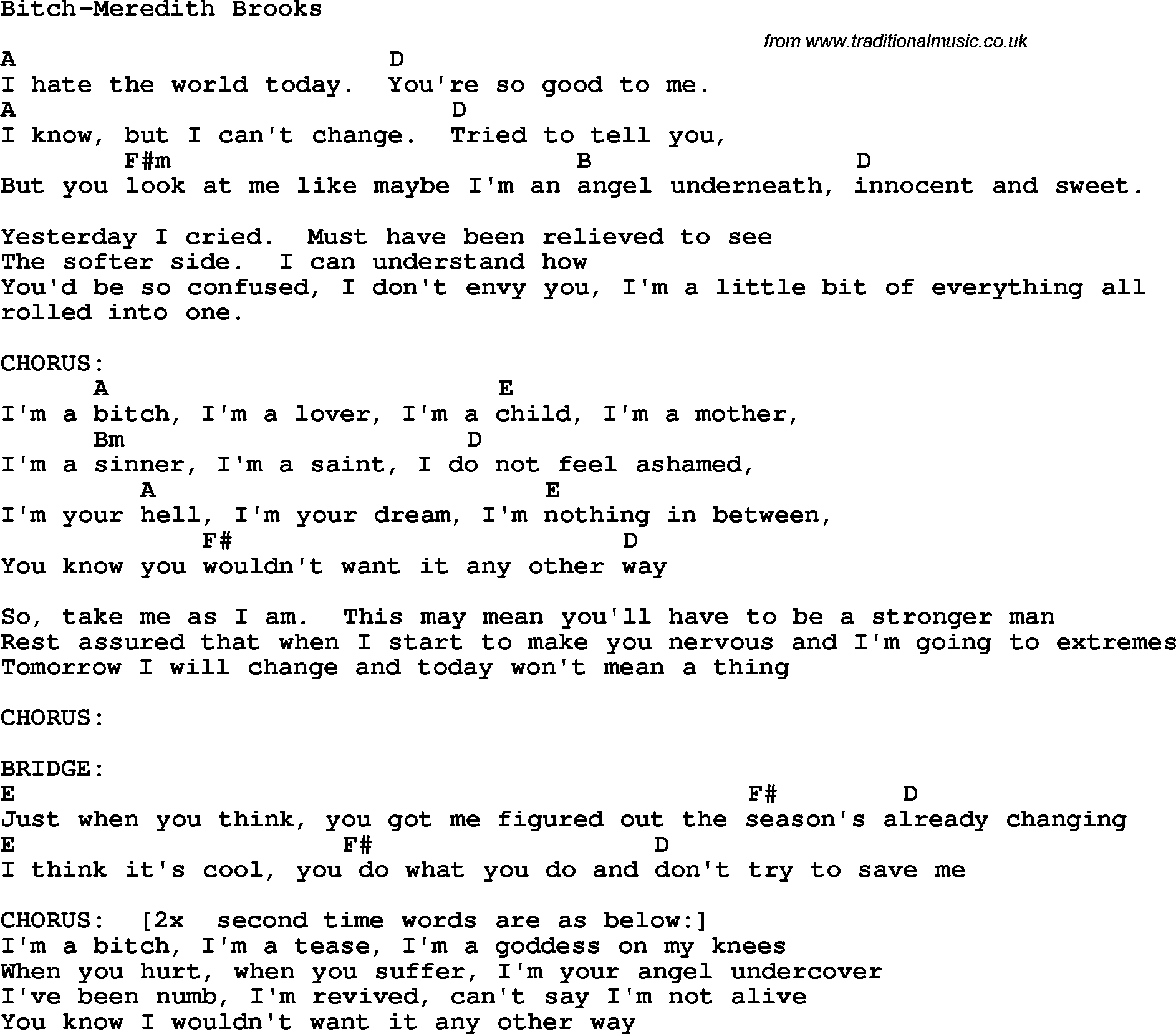 Protest Song Bitch-Meredith Brooks lyrics and chords
