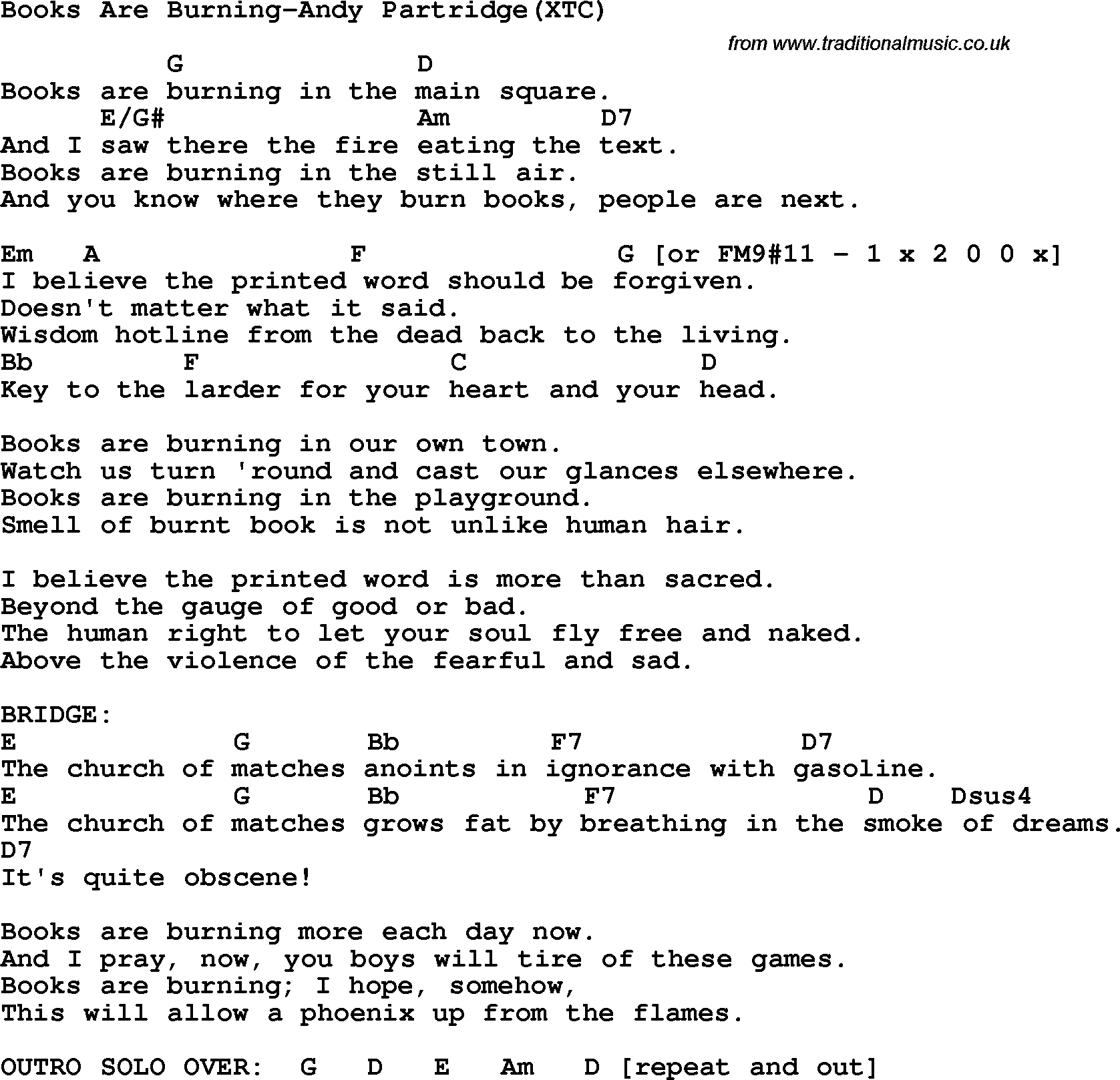 Protest Song Books Are Burning-Andy Partridge(Xtc) lyrics and chords