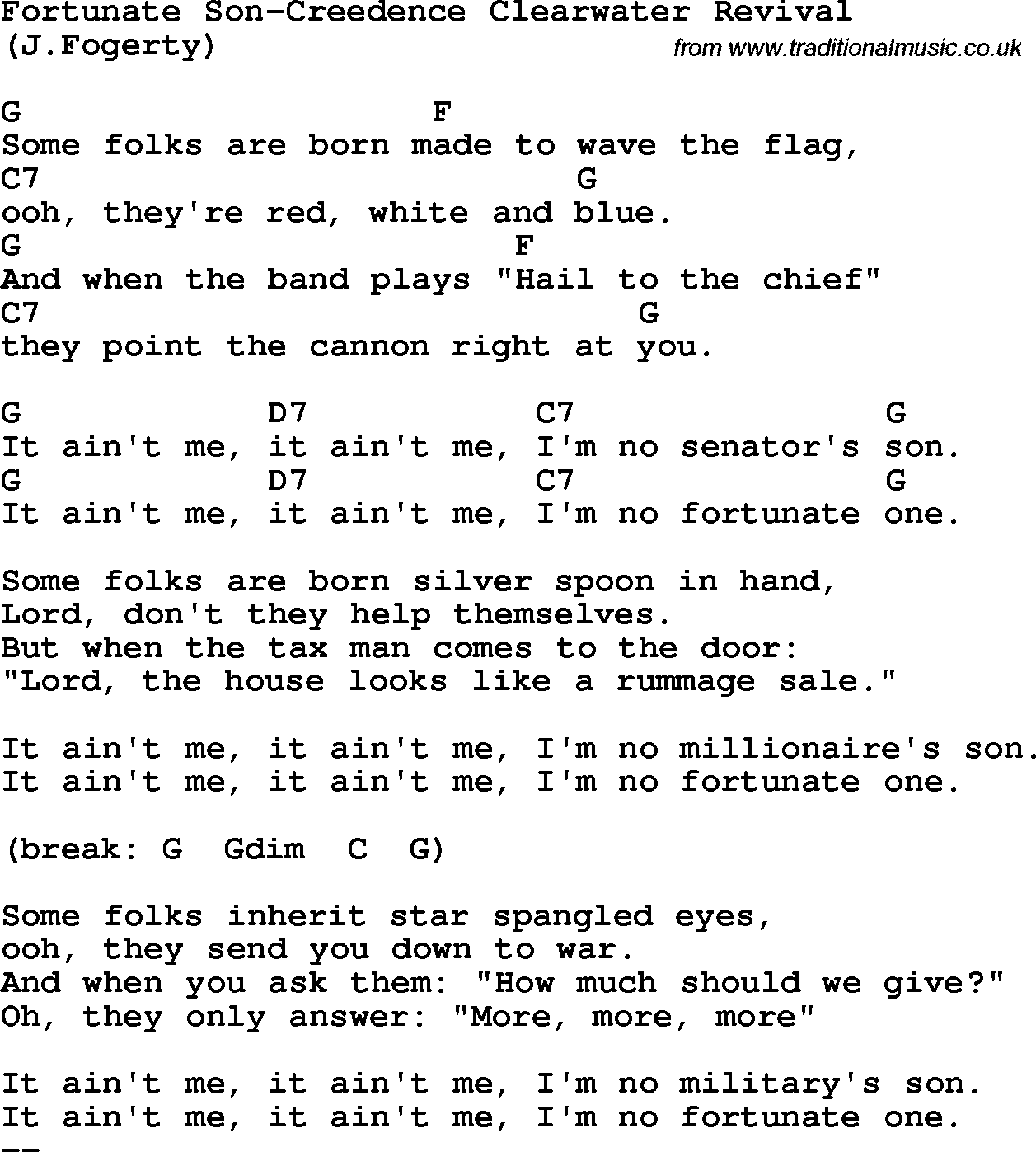 Protest Song Fortunate Son-Creedence Clearwater Revival lyrics and chords
