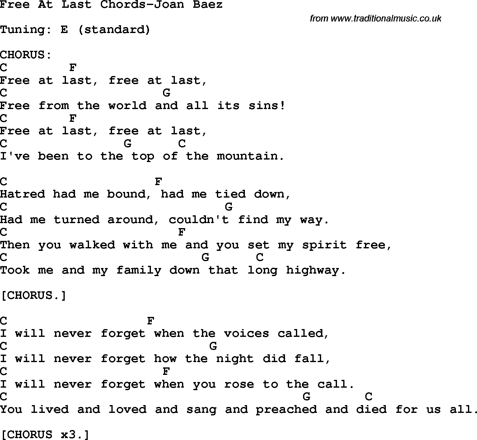 Protest Song Free At Last Chords-Joan Baez lyrics and chords