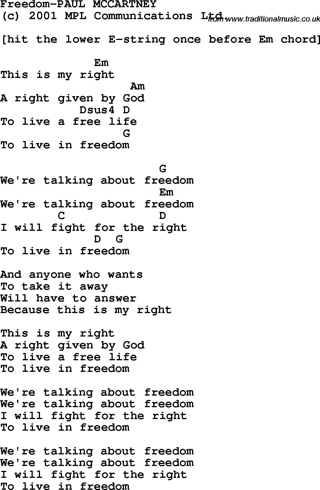 Protest Song Freedom-Paul McCartney lyrics and chords