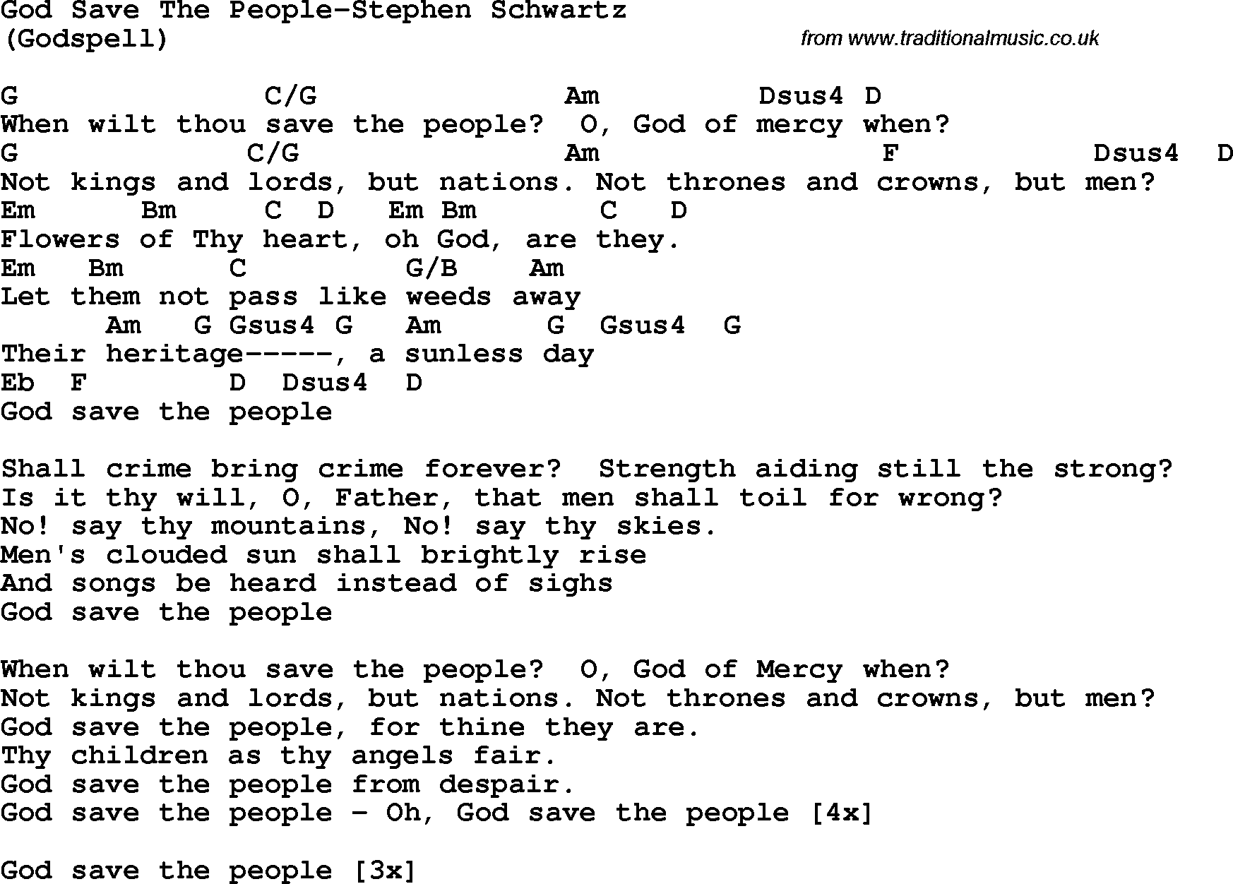 Protest Song God Save The People-Stephen Schwartz lyrics and chords