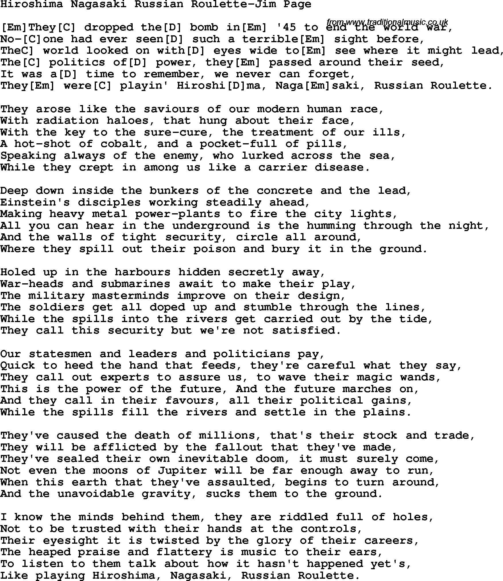 Protest song: Hiroshima Nagasaki Russian Roulette-Jim Page lyrics