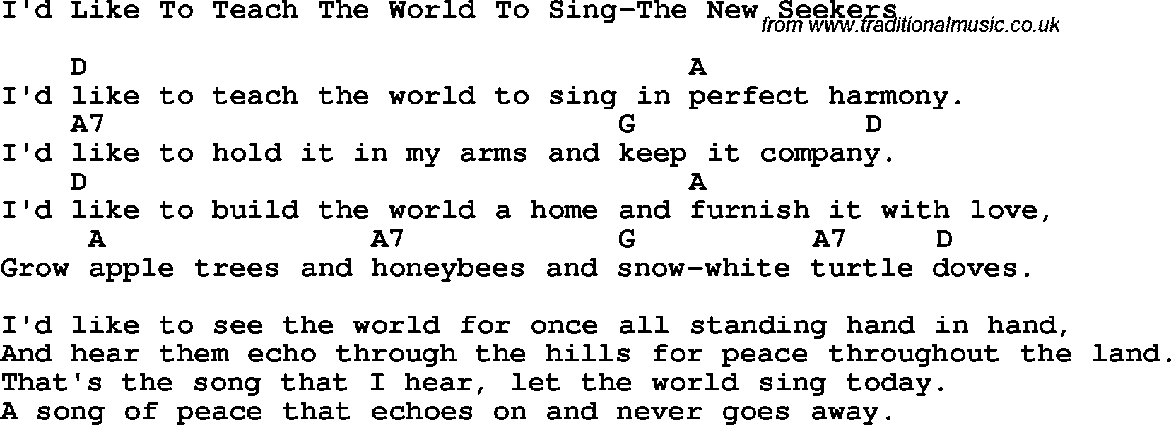 Protest Song I'd Like To Teach The World To Sing-The New Seekers lyrics and chords
