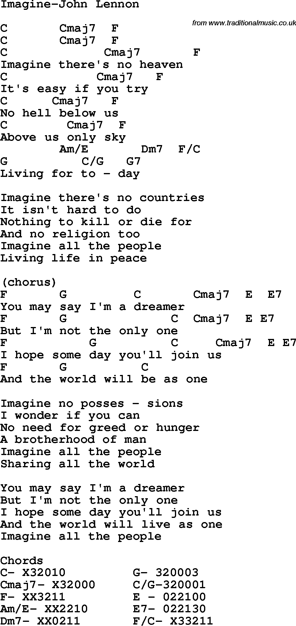 Protest Song Imagine-John Lennon lyrics and chords
