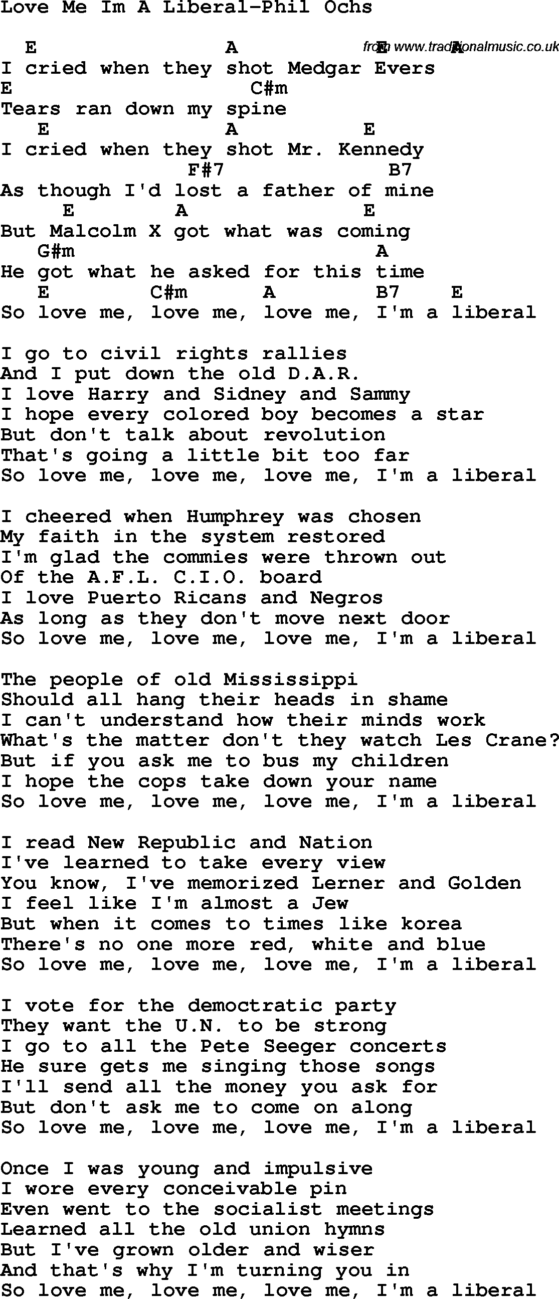 Protest Song Love Me Im A Liberal-Phil Ochs lyrics and chords
