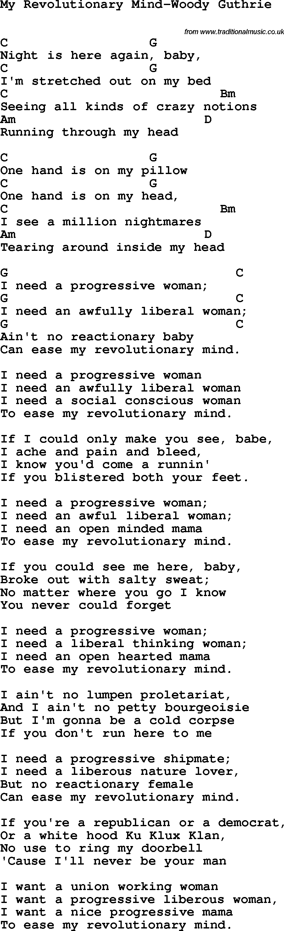 Protest Song My Revolutionary Mind-Woody Guthrie lyrics and chords