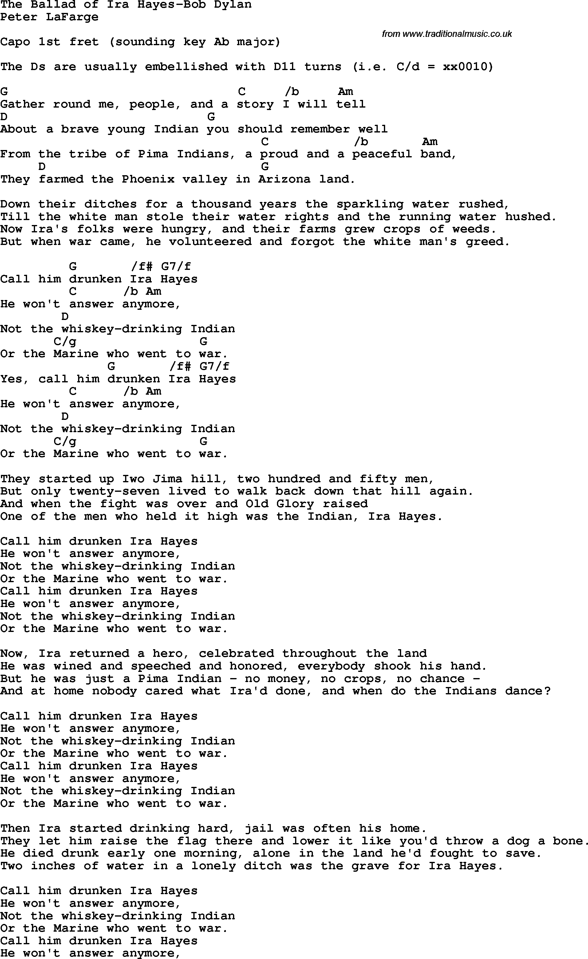 Protest Song The Ballad Of Ira Hayes-Bob Dylan lyrics and chords