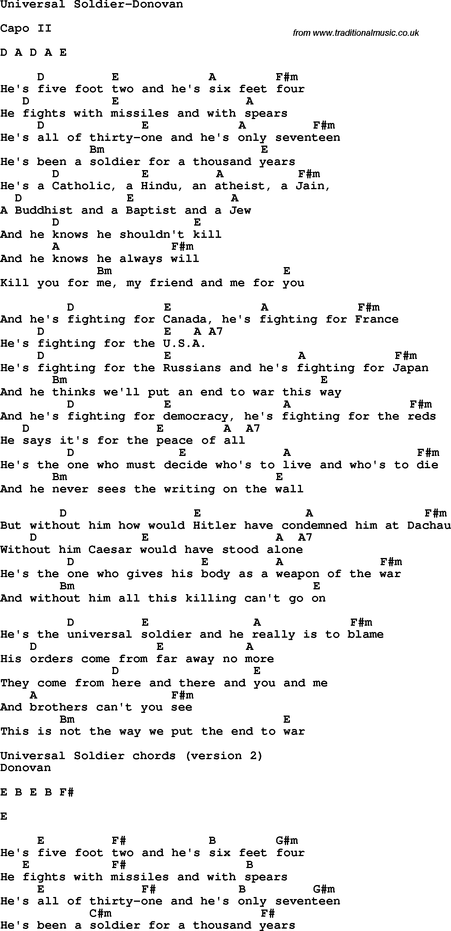 Protest Song Universal Soldier-Donovan lyrics and chords