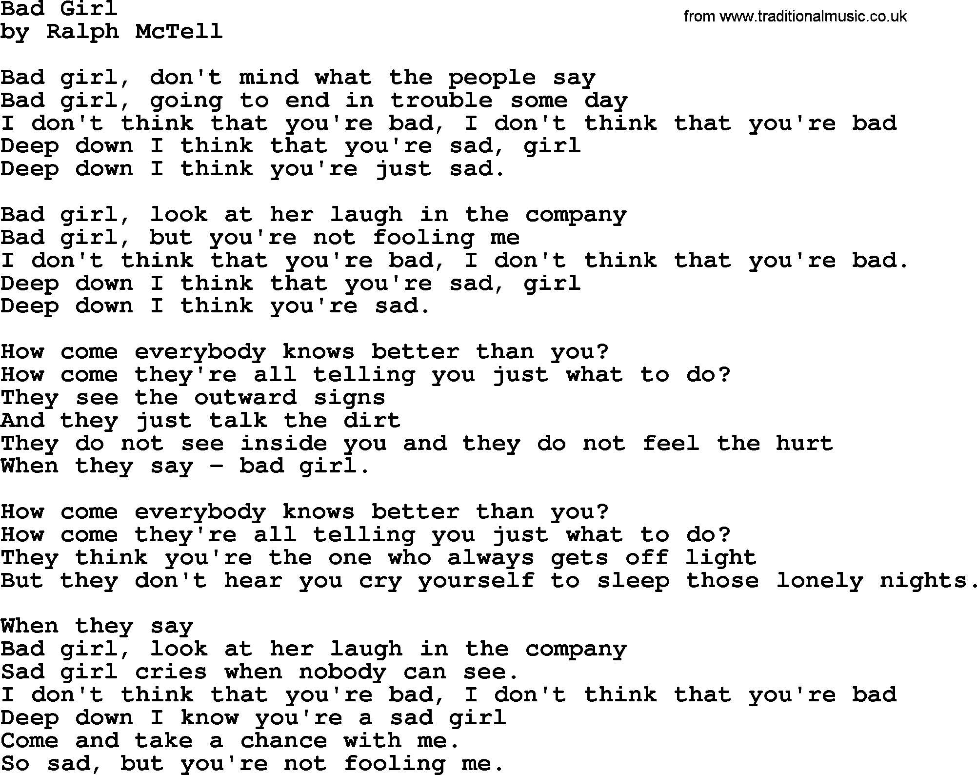 Ralph McTell Song: Bad Girl, lyrics