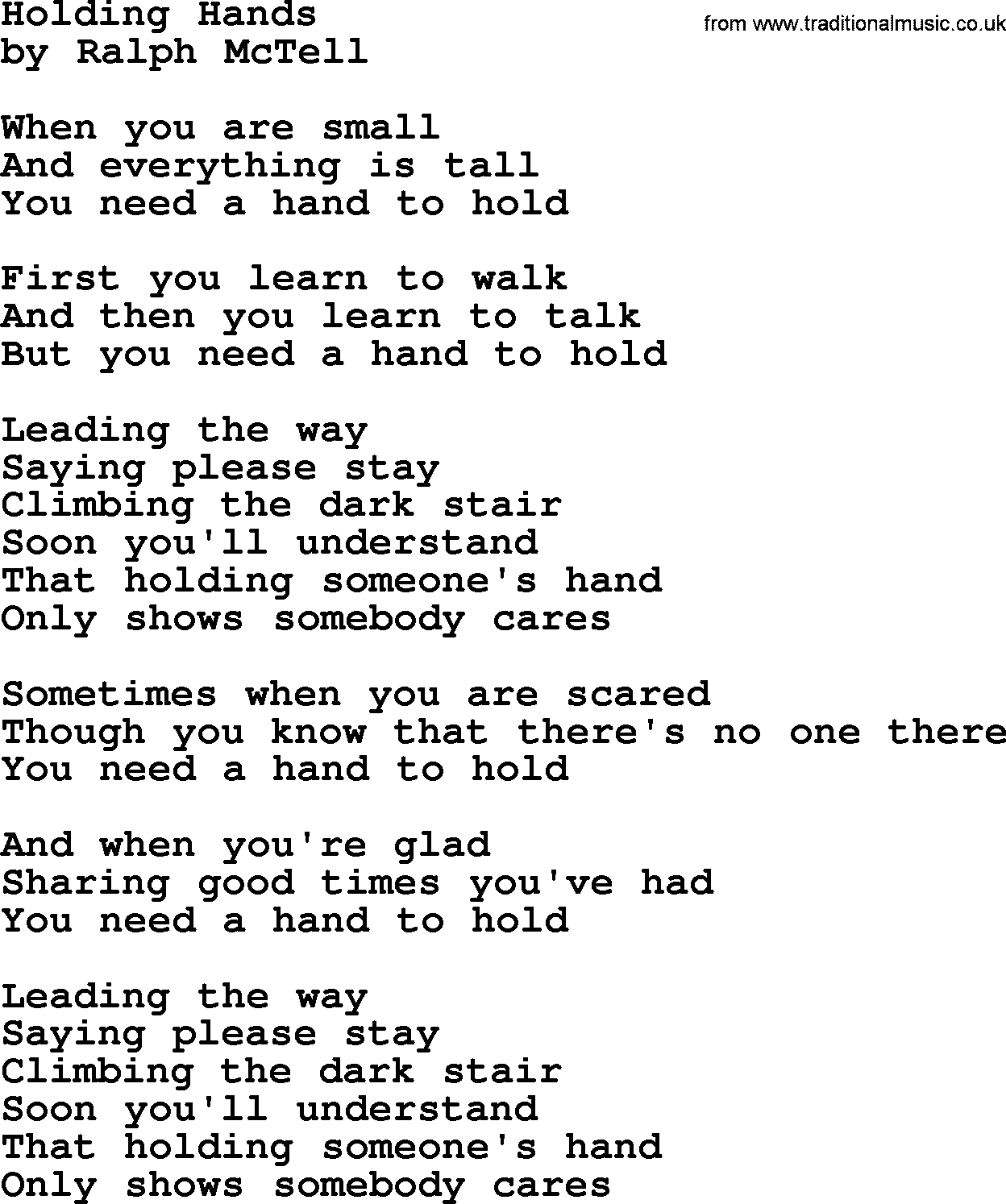 Ralph McTell Song: Holding Hands, lyrics