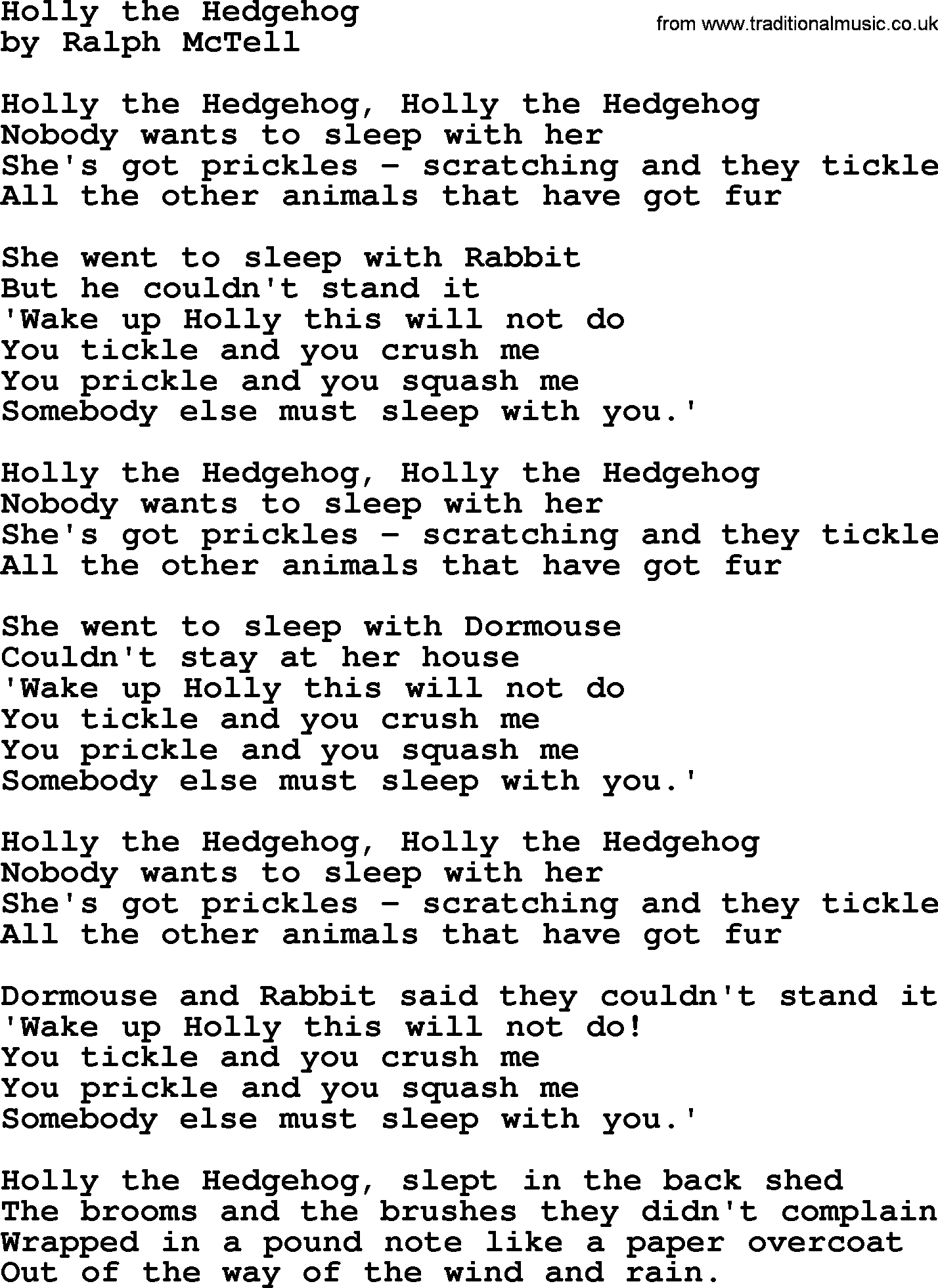 Ralph McTell Song: Holly The Hedgehog, lyrics