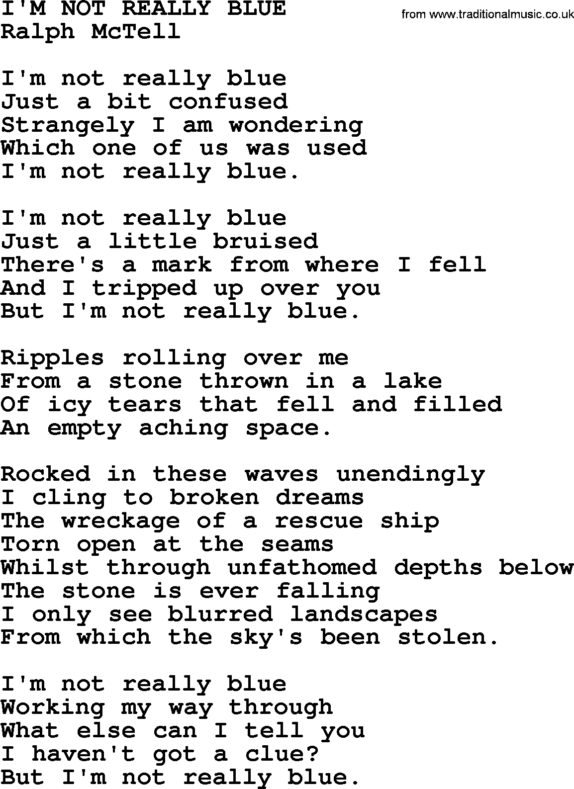Ralph McTell Song: I'm Not Really Blue, lyrics