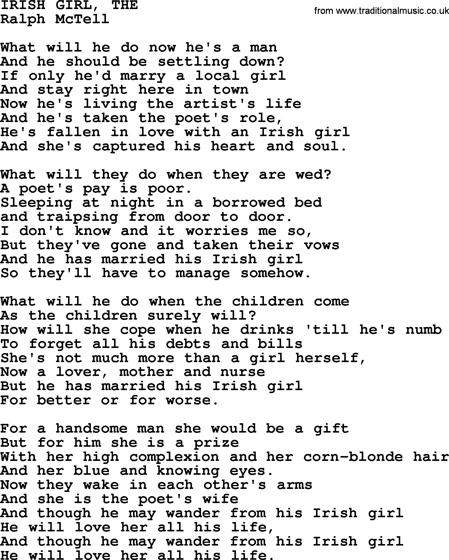 Ralph McTell Song: Irish Girl, The, lyrics