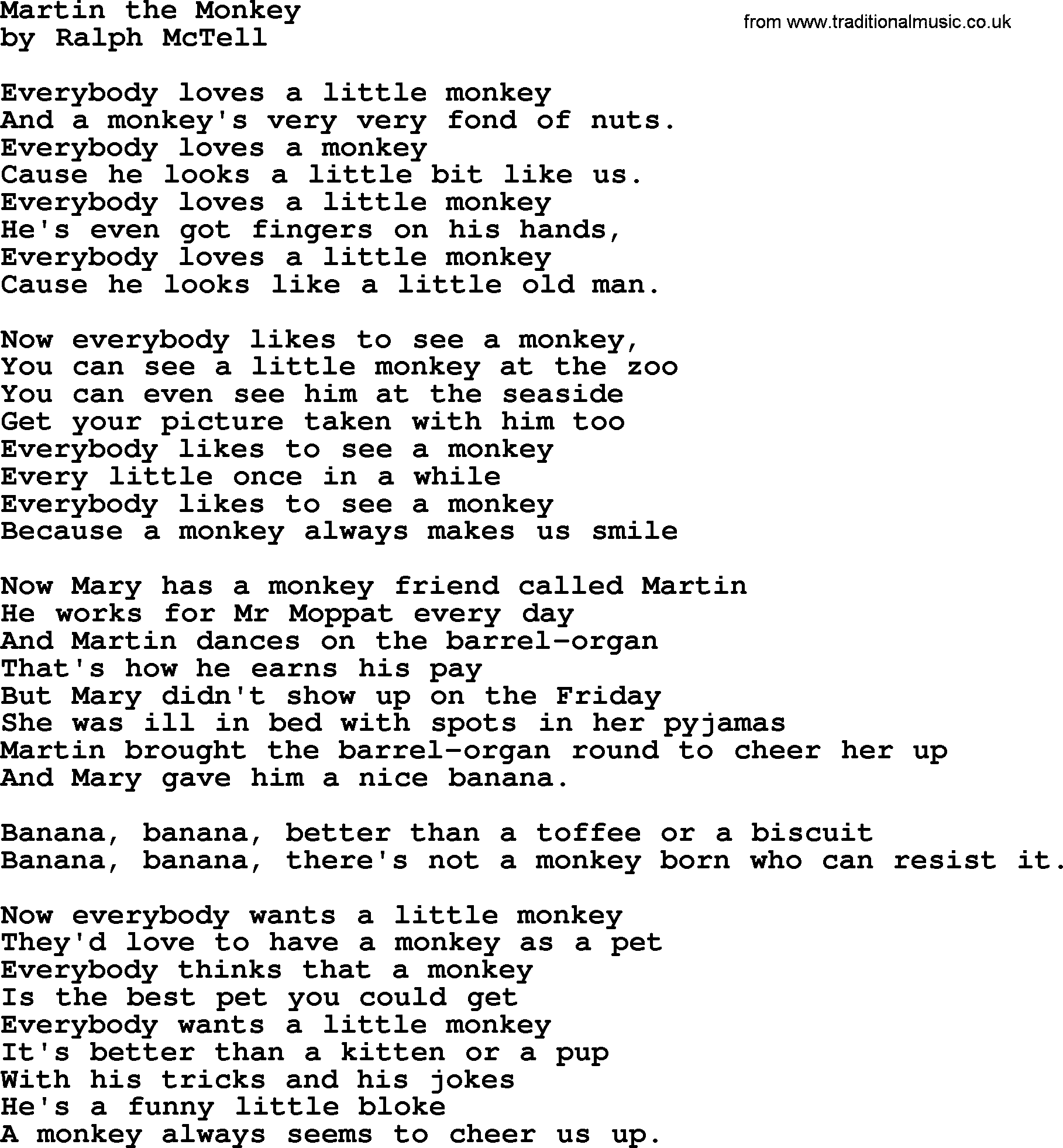 Ralph McTell Song: Martin The Monkey, lyrics