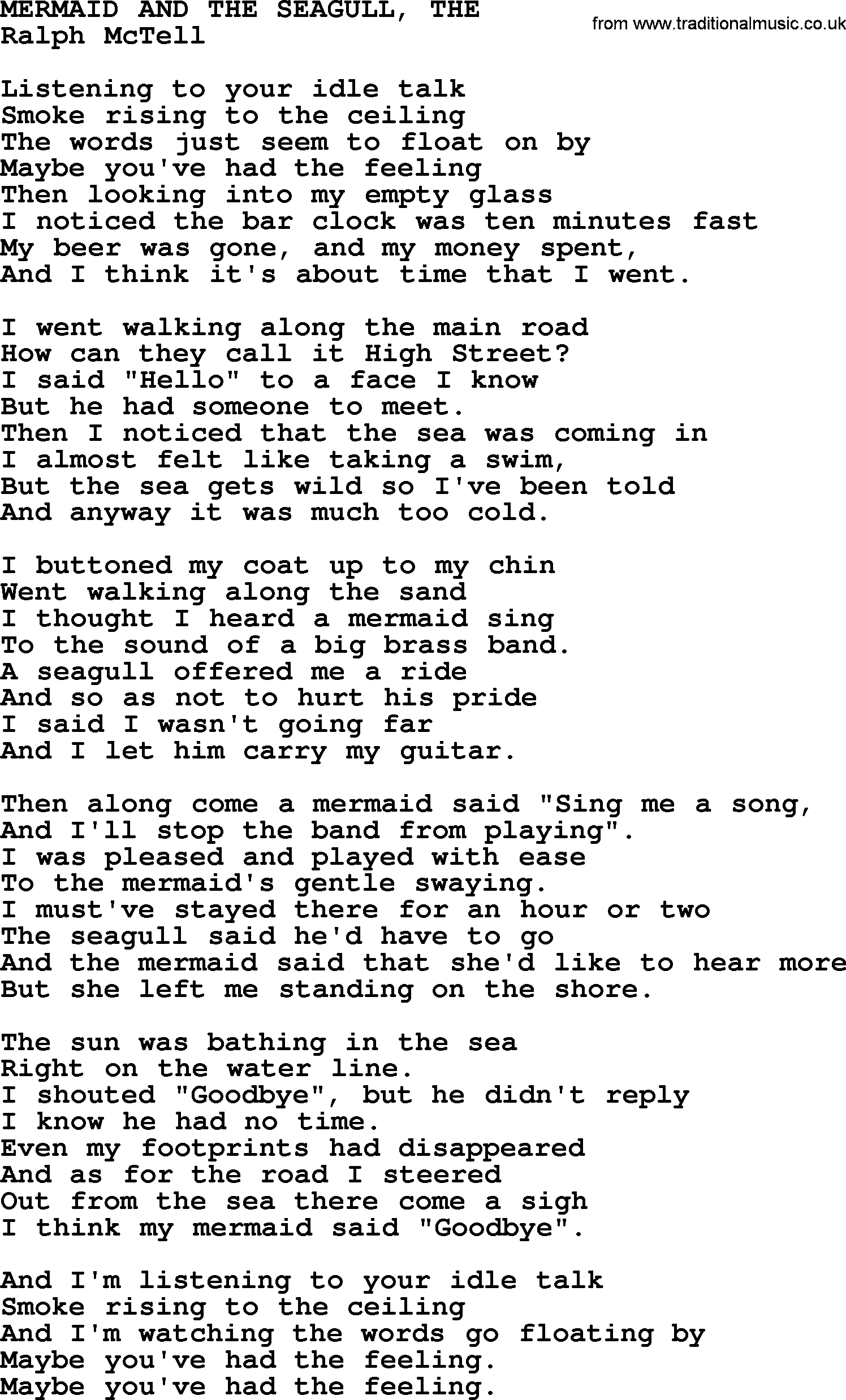 Mermaid And The Seagull, The.txt - by Ralph McTell lyrics and chords