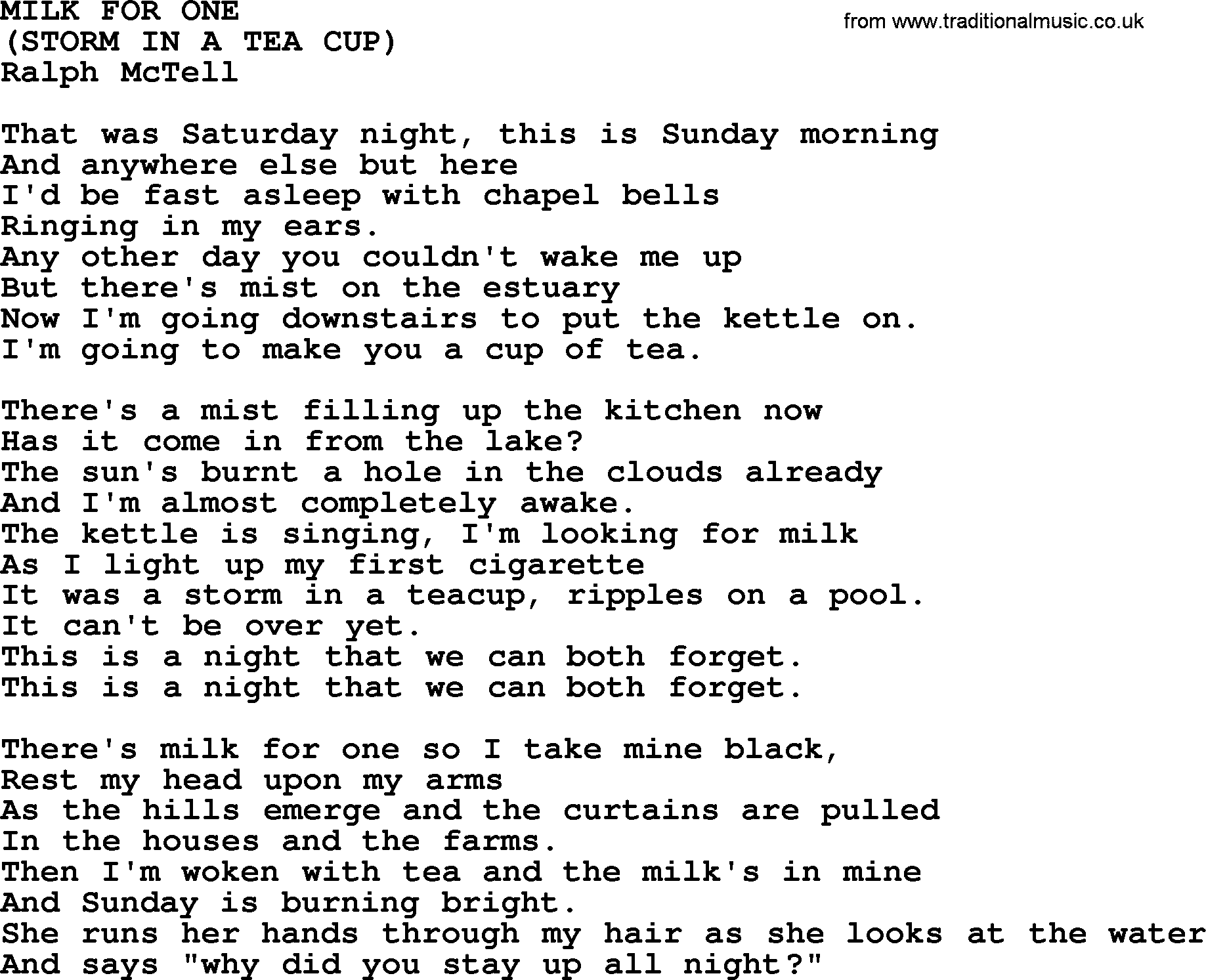 Ralph McTell Song: Milk For One, lyrics