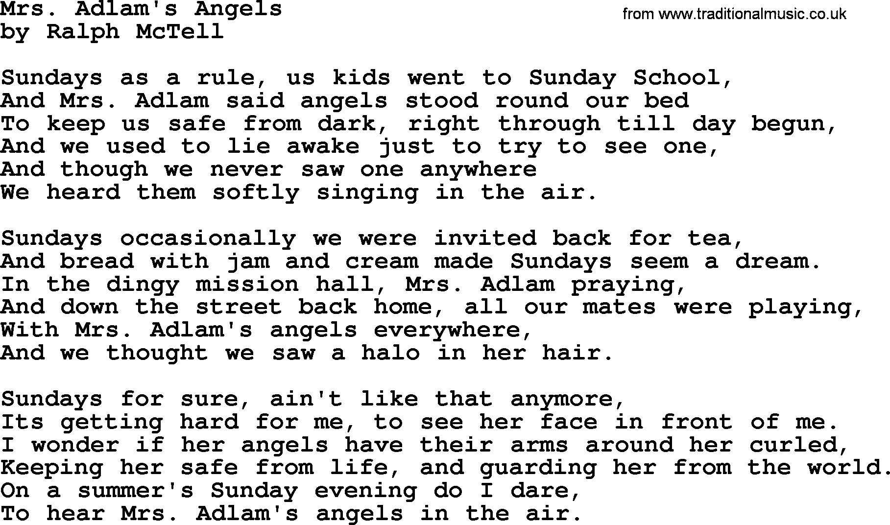 Ralph McTell Song: Mrs. Adlam's Angels, lyrics
