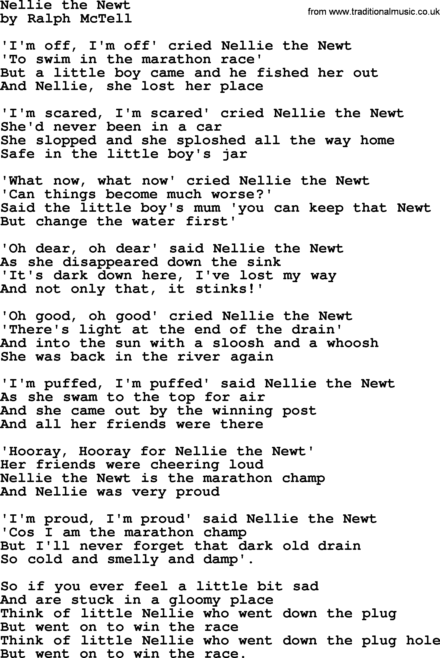 Ralph McTell Song: Nellie The Newt, lyrics