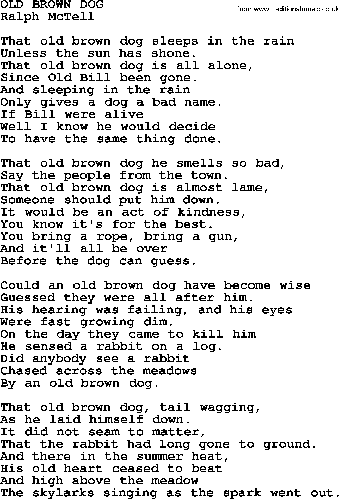 Ralph McTell Song: Old Brown Dog, lyrics