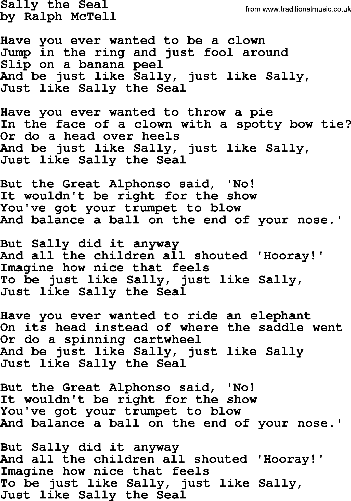 Ralph McTell Song: Sally The Seal, lyrics