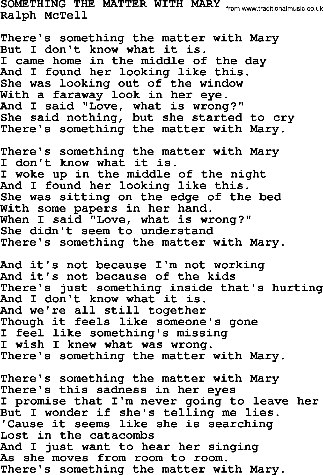 Ralph McTell Song: Something The Matter With Mary, lyrics