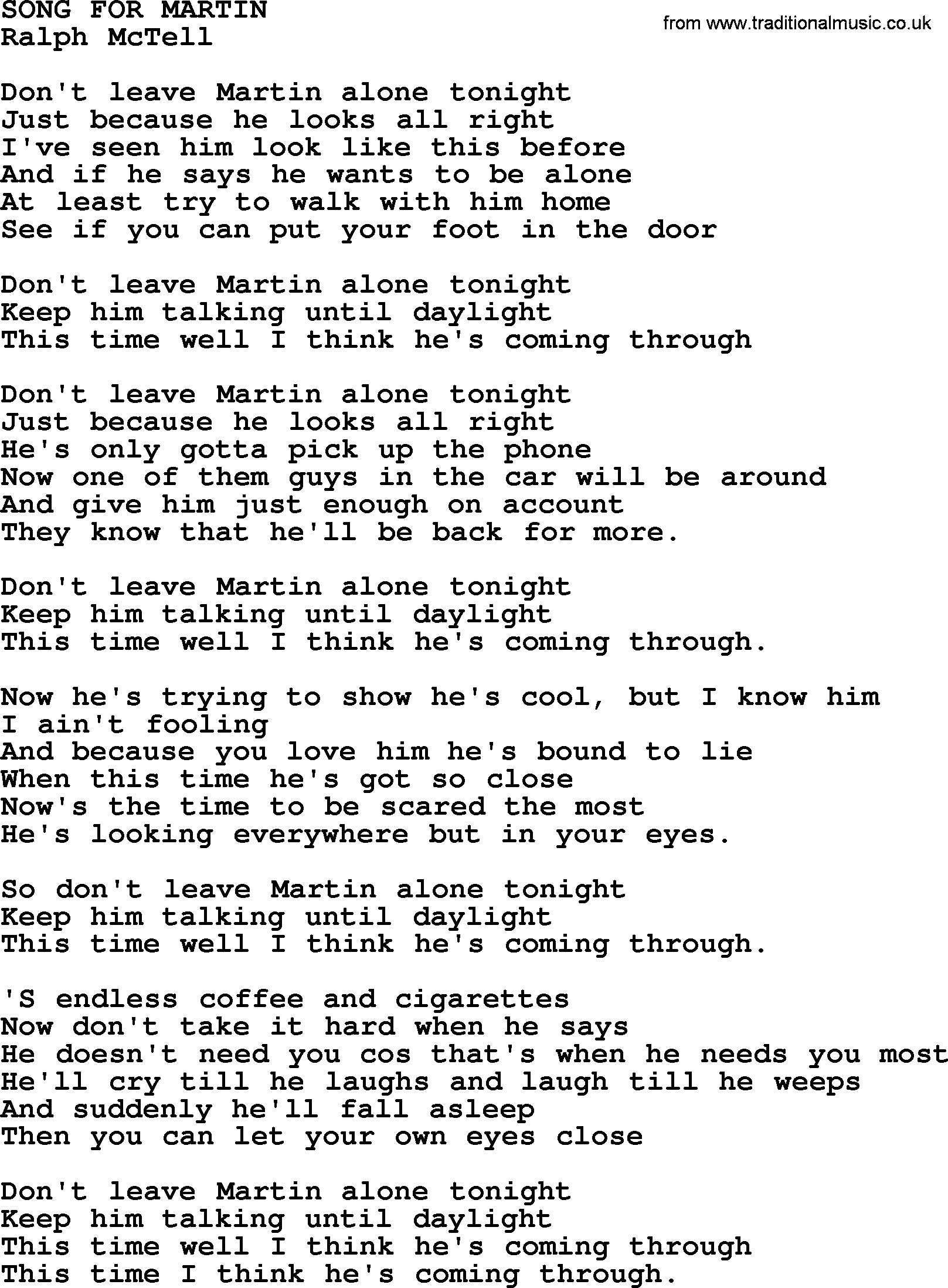 Ralph McTell Song: Song For Martin, lyrics