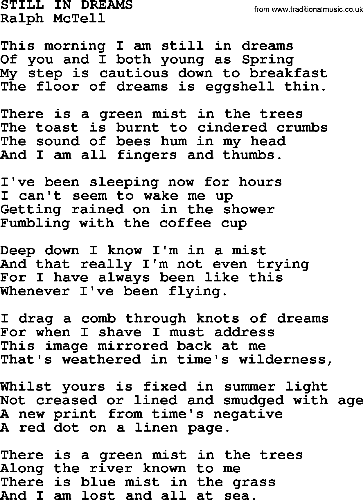 Ralph McTell Song: Still In Dreams, lyrics