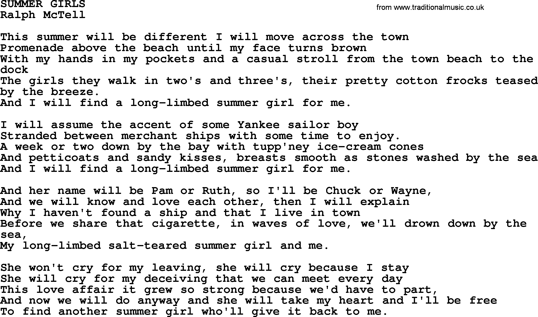 Ralph McTell Song: Summer Girls, lyrics