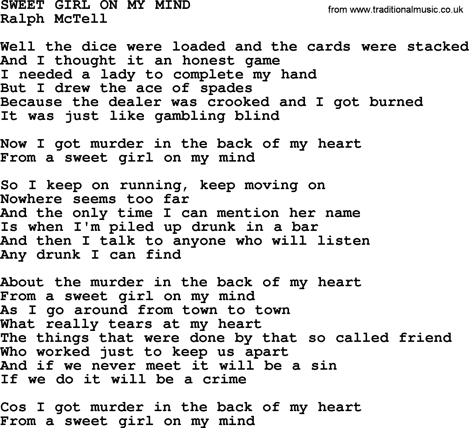 Ralph McTell Song: Sweet Girl On My Mind, lyrics