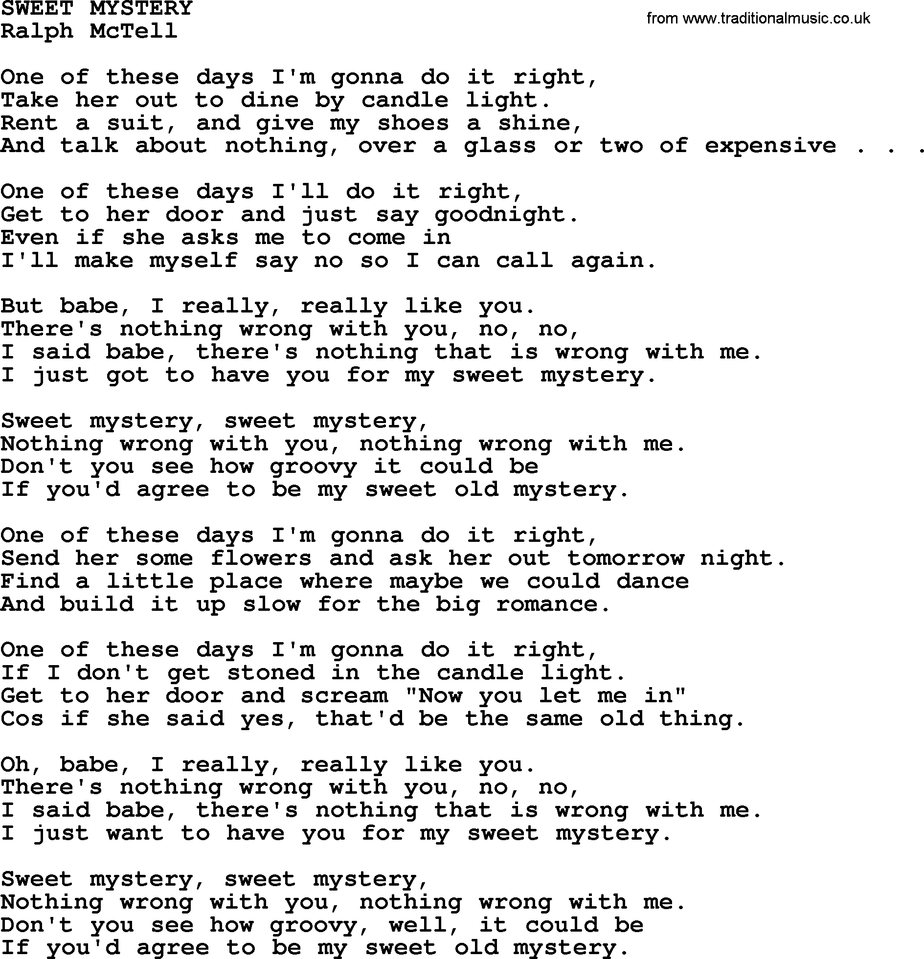 Sweet Mystery.txt - by Ralph McTell lyrics and chords