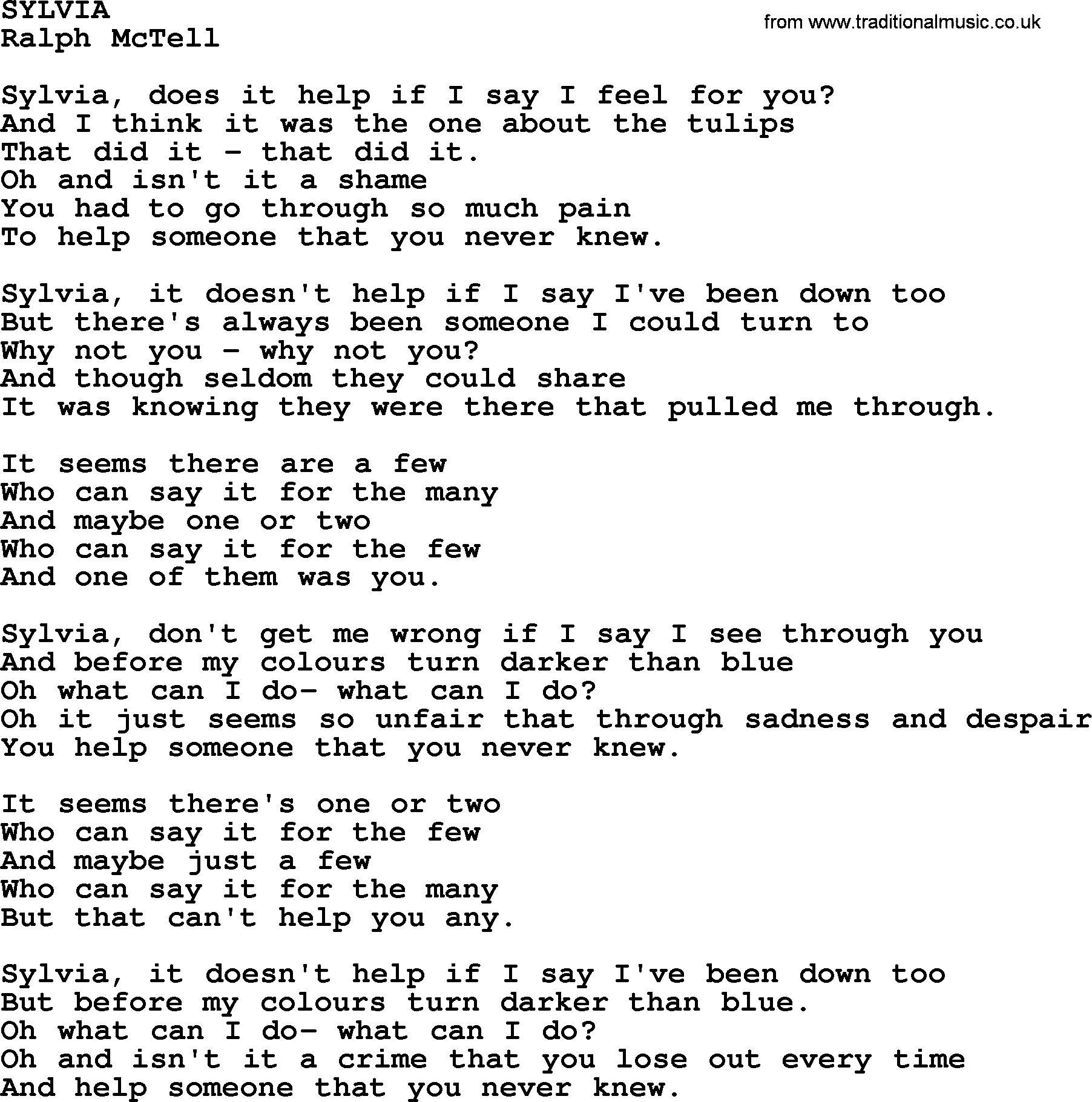 Ralph McTell Song: Sylvia, lyrics