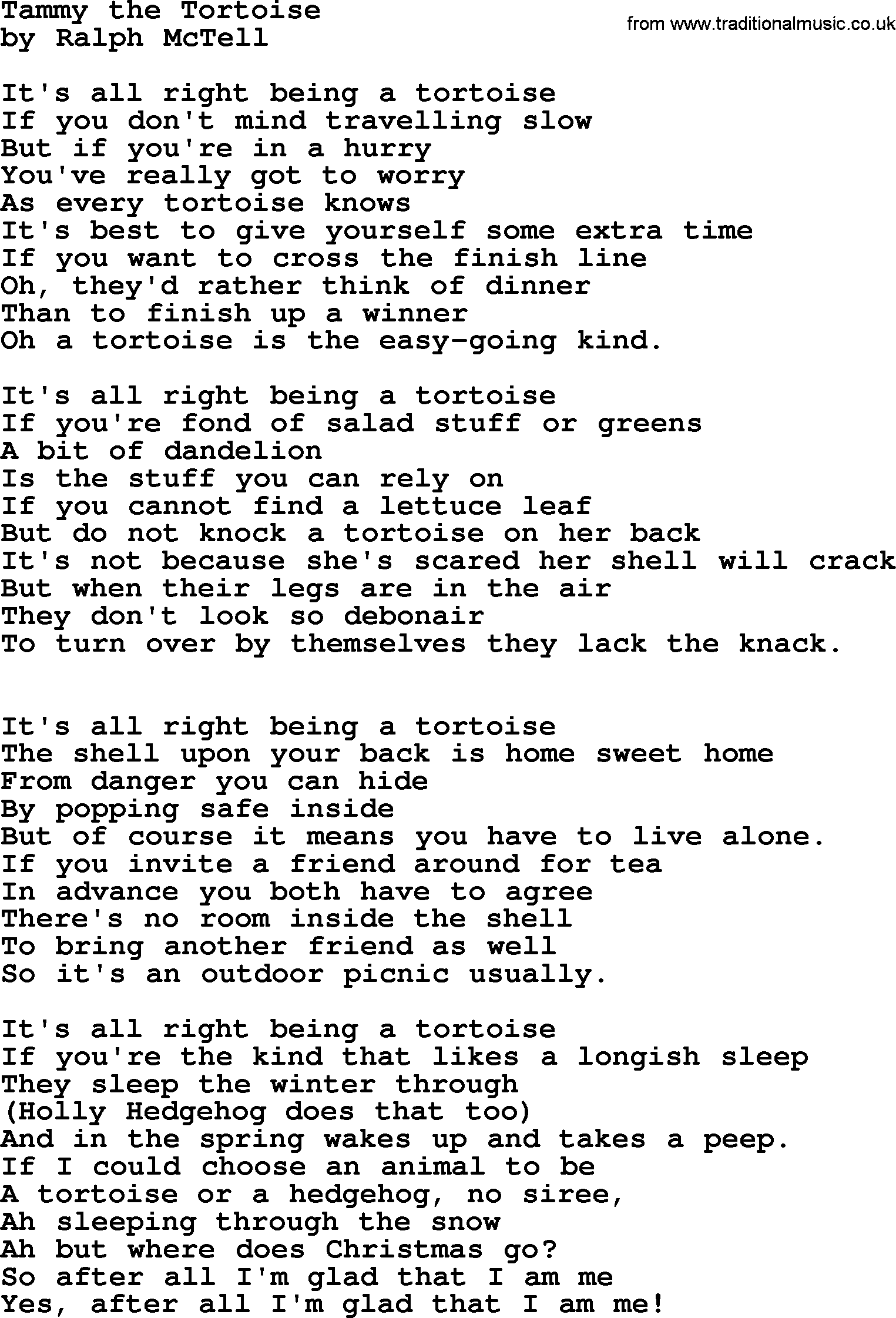Ralph McTell Song: Tammy The Tortoise, lyrics