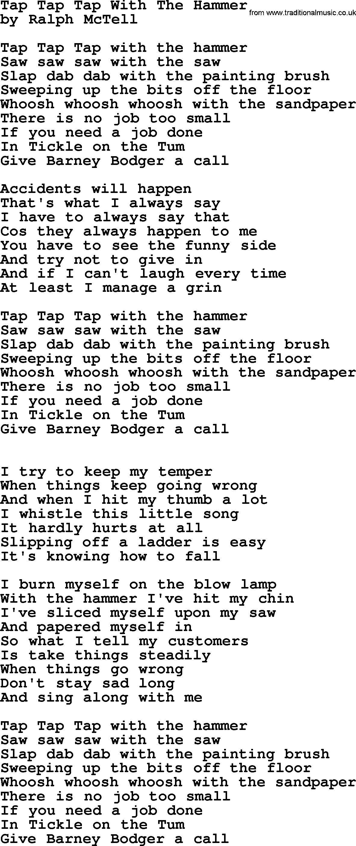 Ralph McTell Song: Tap Tap Tap With The Hammer, lyrics