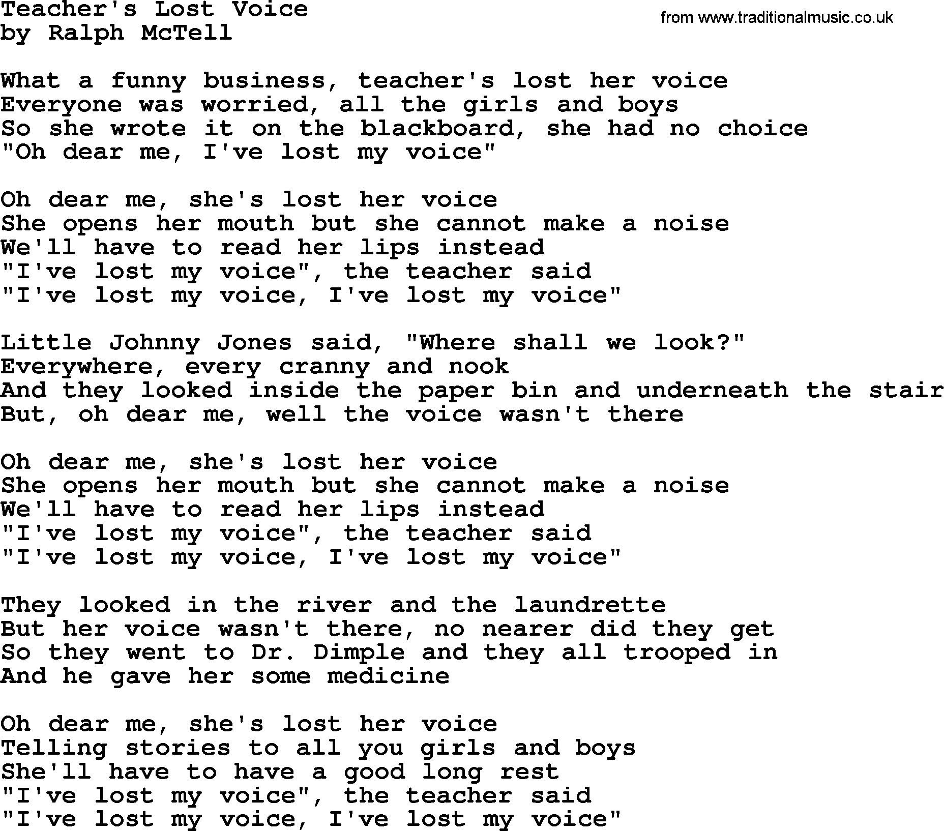 Ralph McTell Song: Teacher's Lost Voice, lyrics
