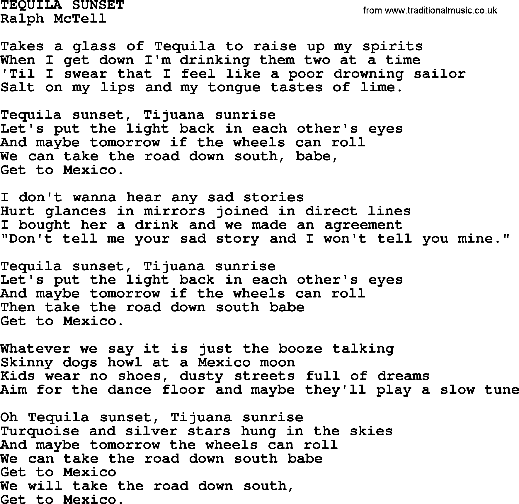Ralph McTell Song: Tequila Sunset, lyrics