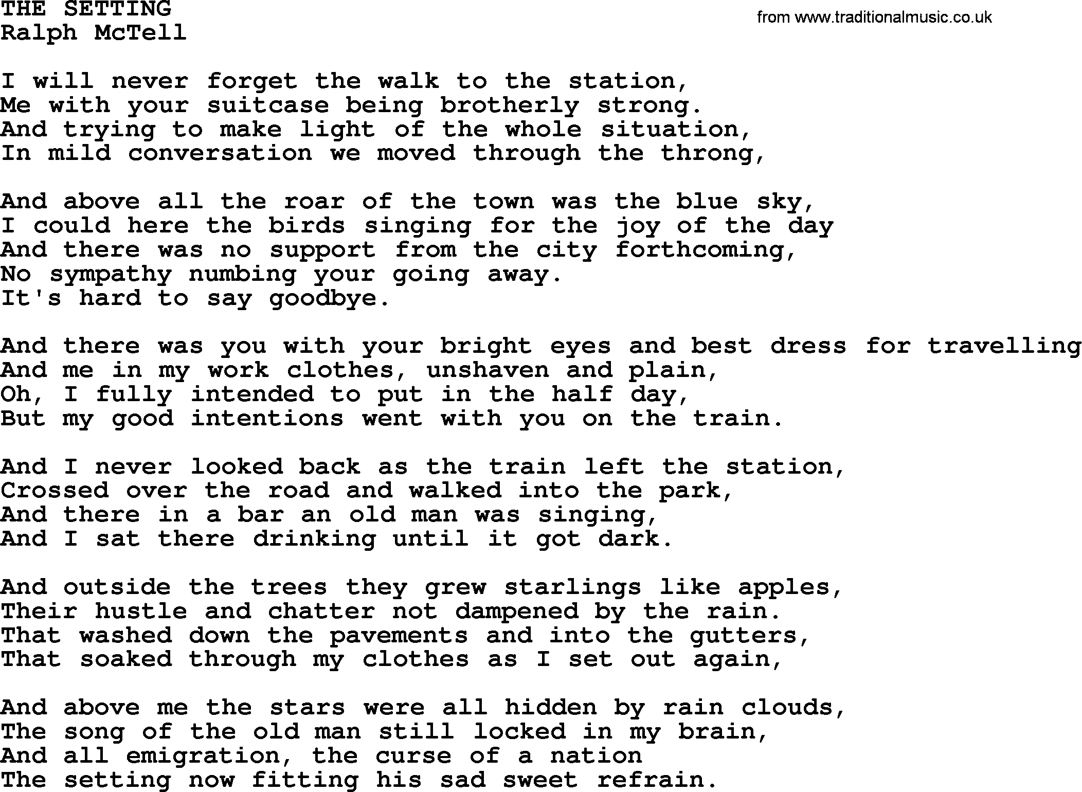 Ralph McTell Song: The Setting, lyrics
