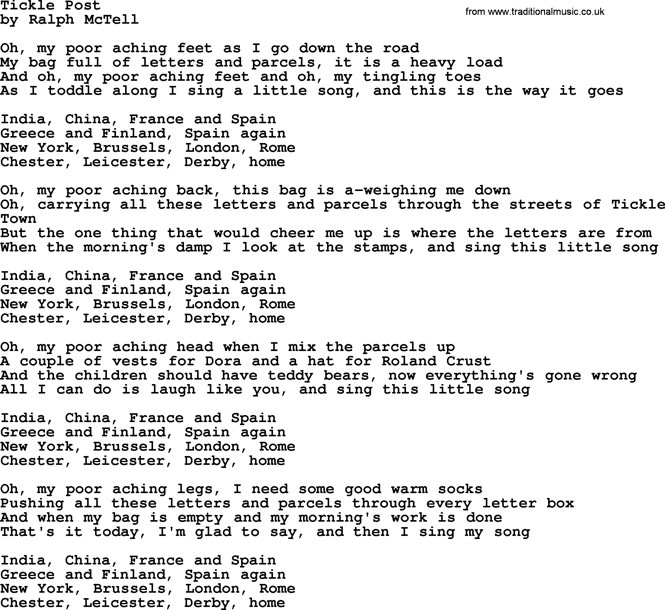 Ralph McTell Song: Tickle Post, lyrics