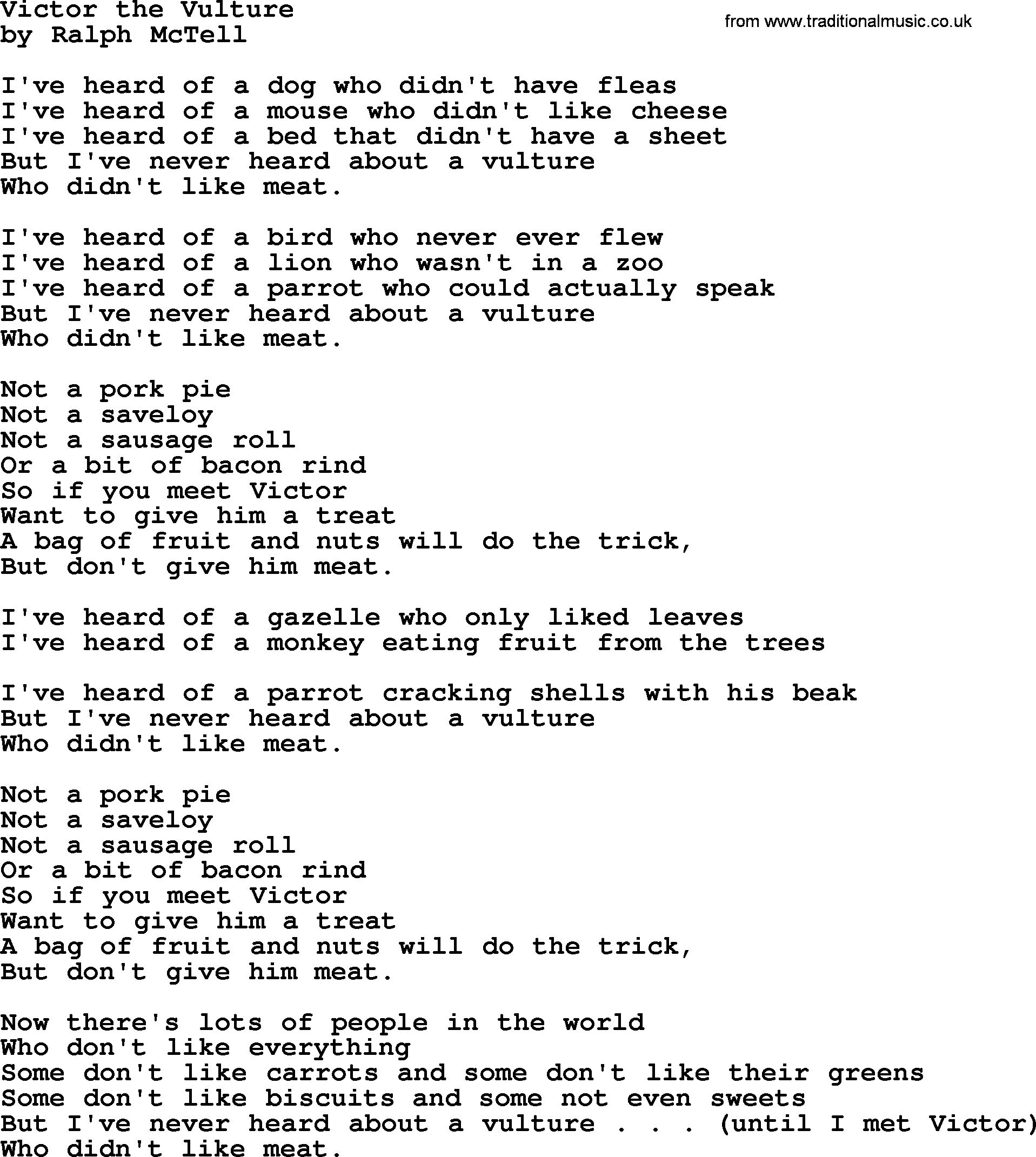 Ralph McTell Song: Victor The Vulture, lyrics