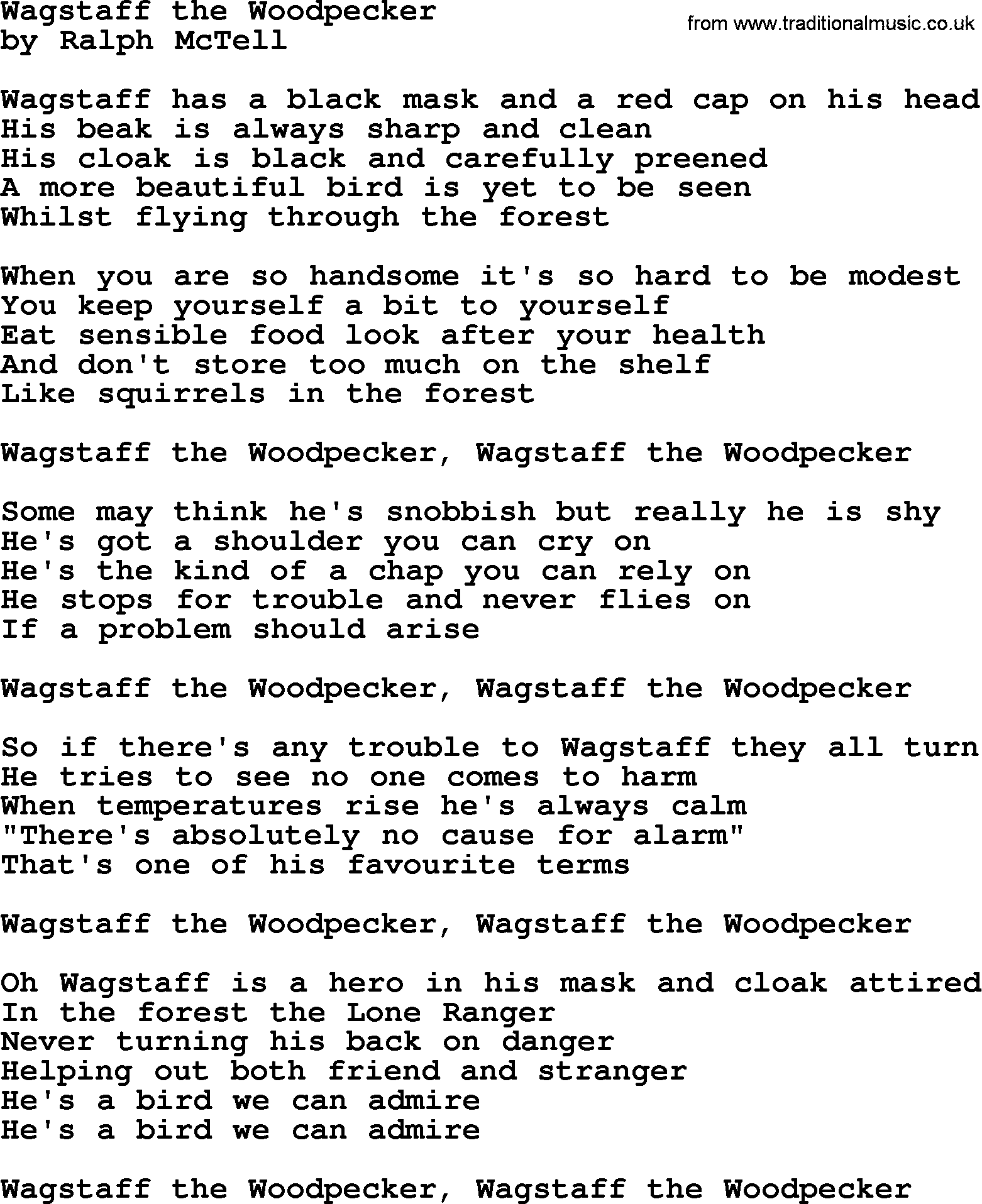 Ralph McTell Song: Wagstaff The Woodpecker, lyrics