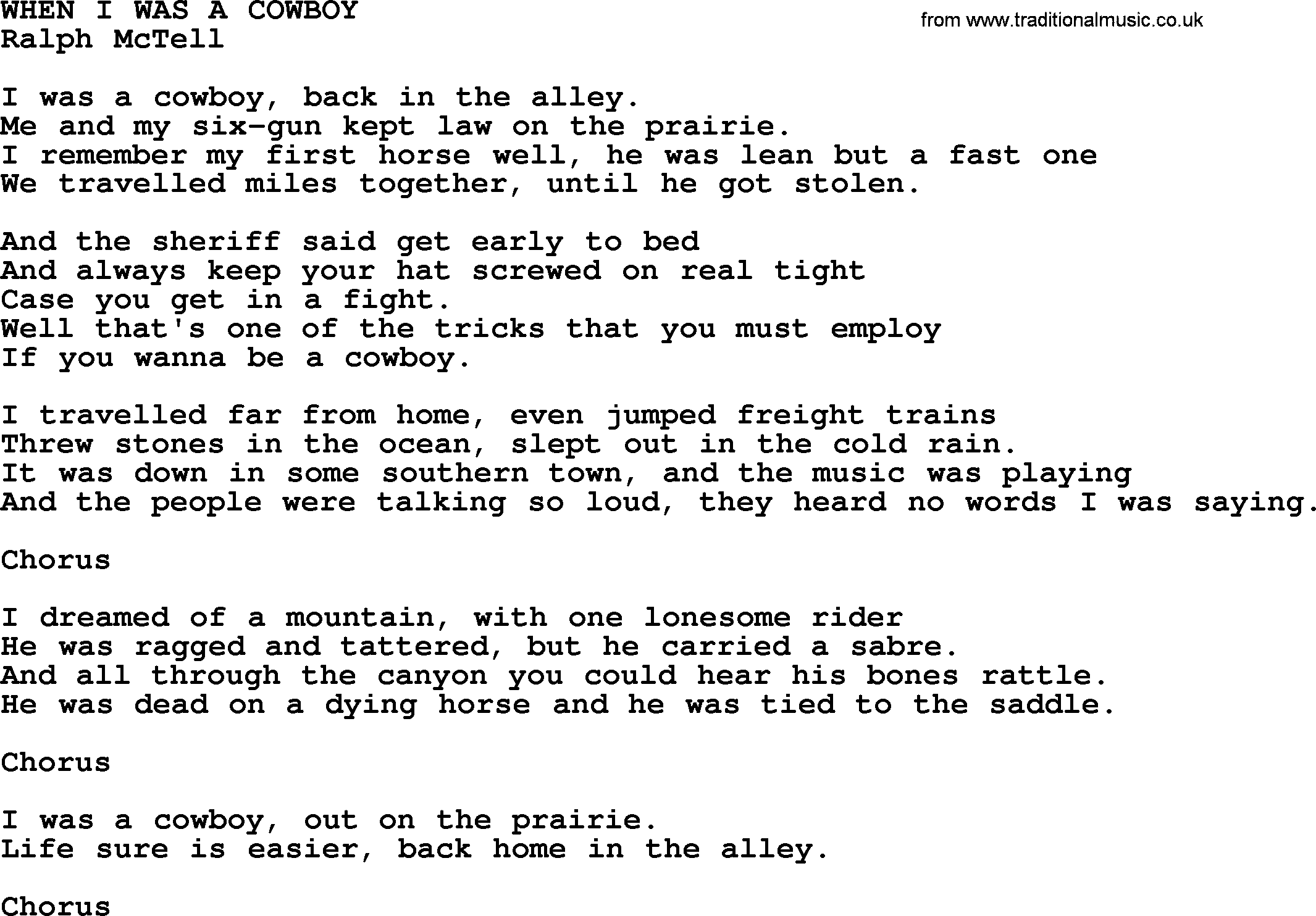 Ralph McTell Song: When I Was A Cowboy, lyrics