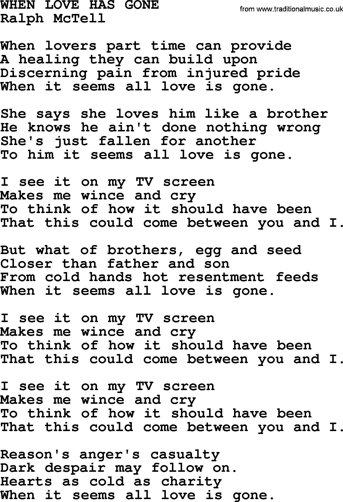 Ralph McTell Song: When Love Has Gone, lyrics