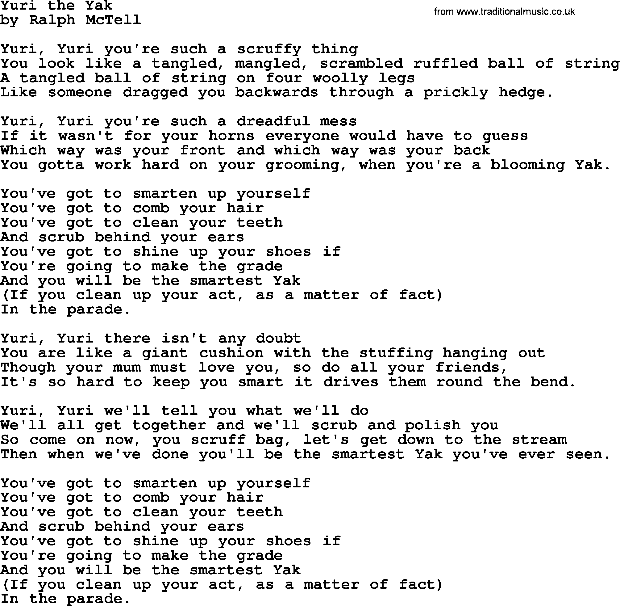 Ralph McTell Song: Yuri The Yak, lyrics