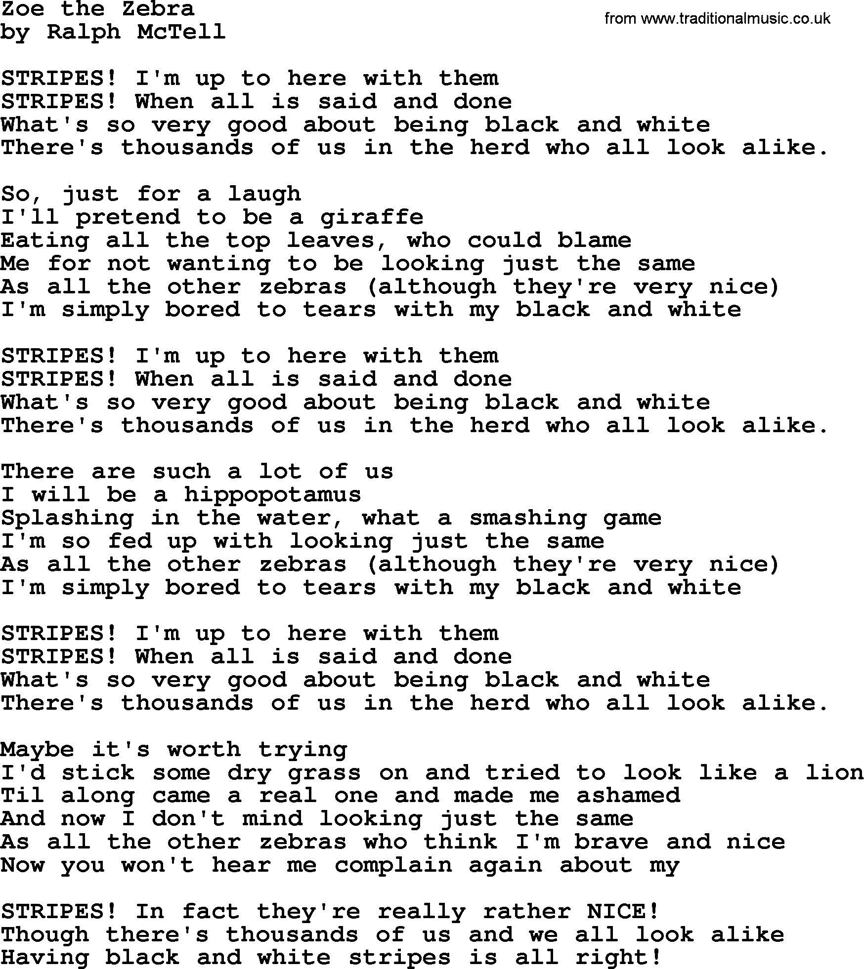 Ralph McTell Song: Zoe The Zebra, lyrics