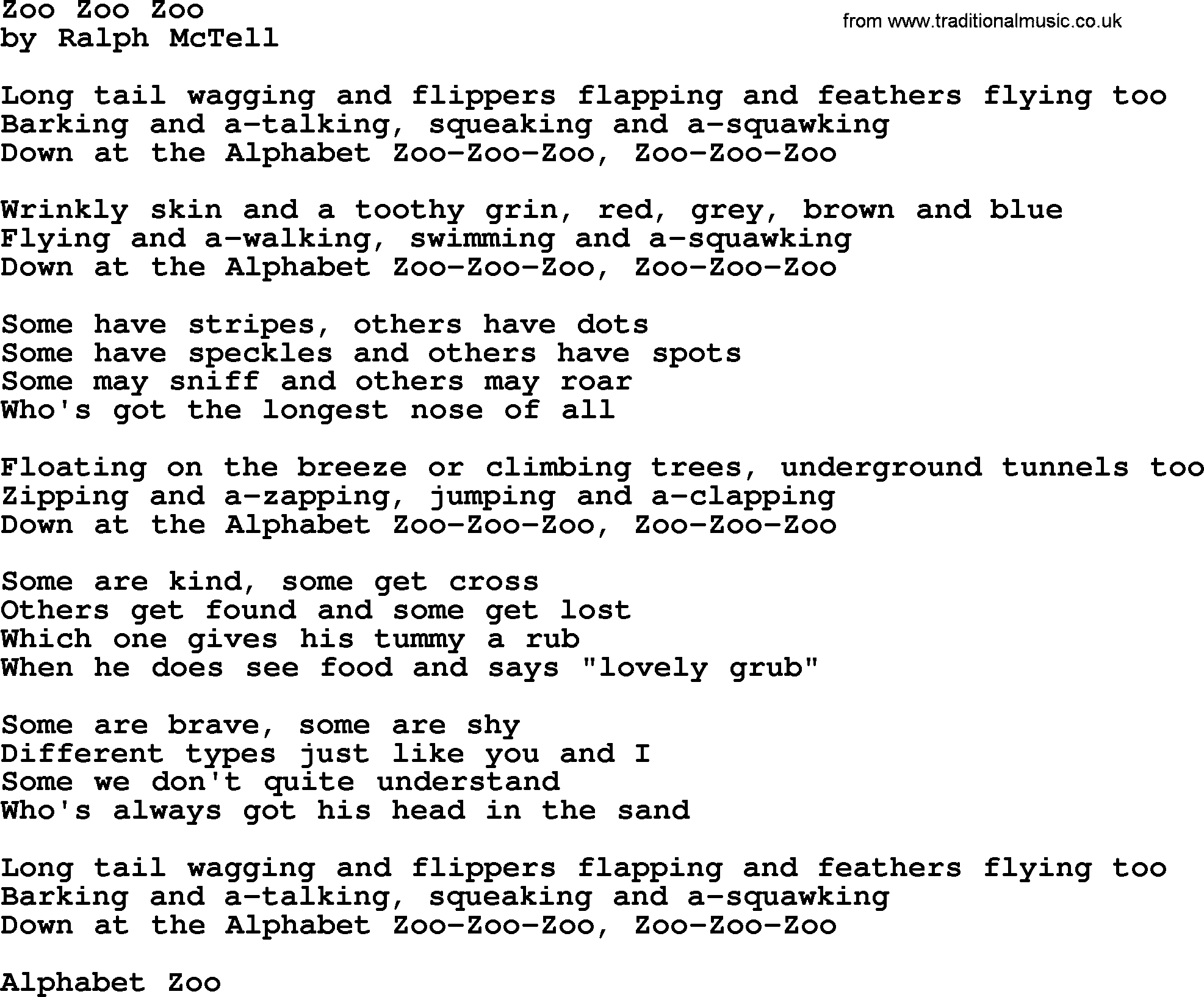 Ralph McTell Song: Zoo Zoo Zoo, lyrics
