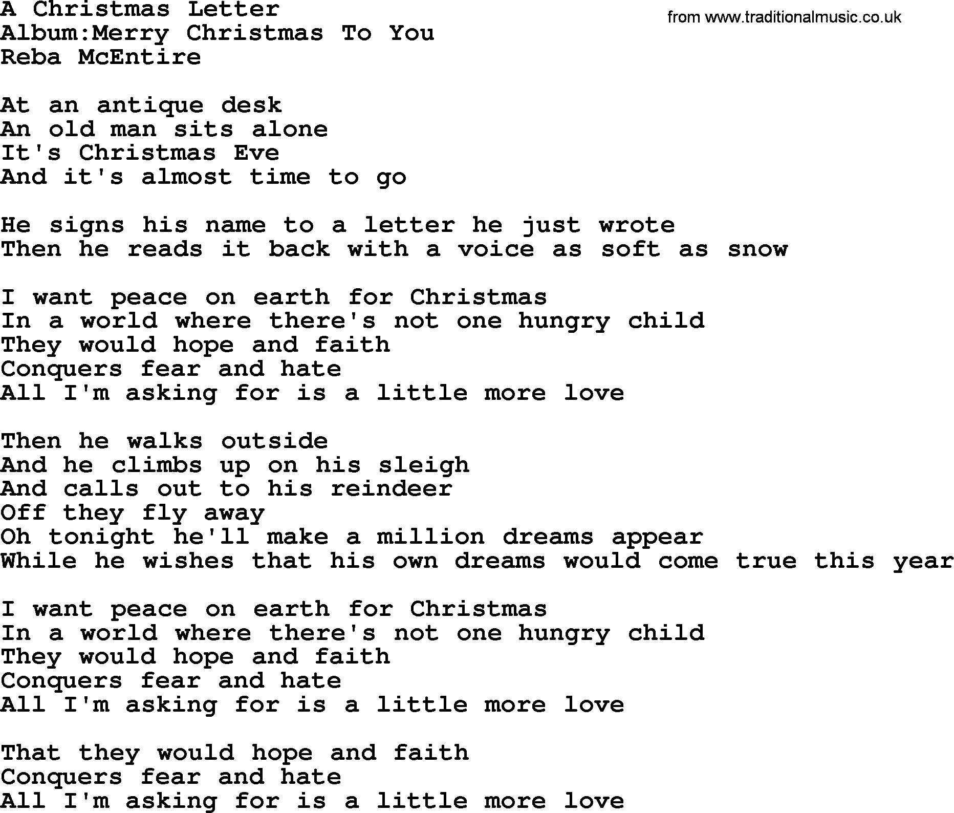 Reba McEntire song: A Christmas Letter lyrics