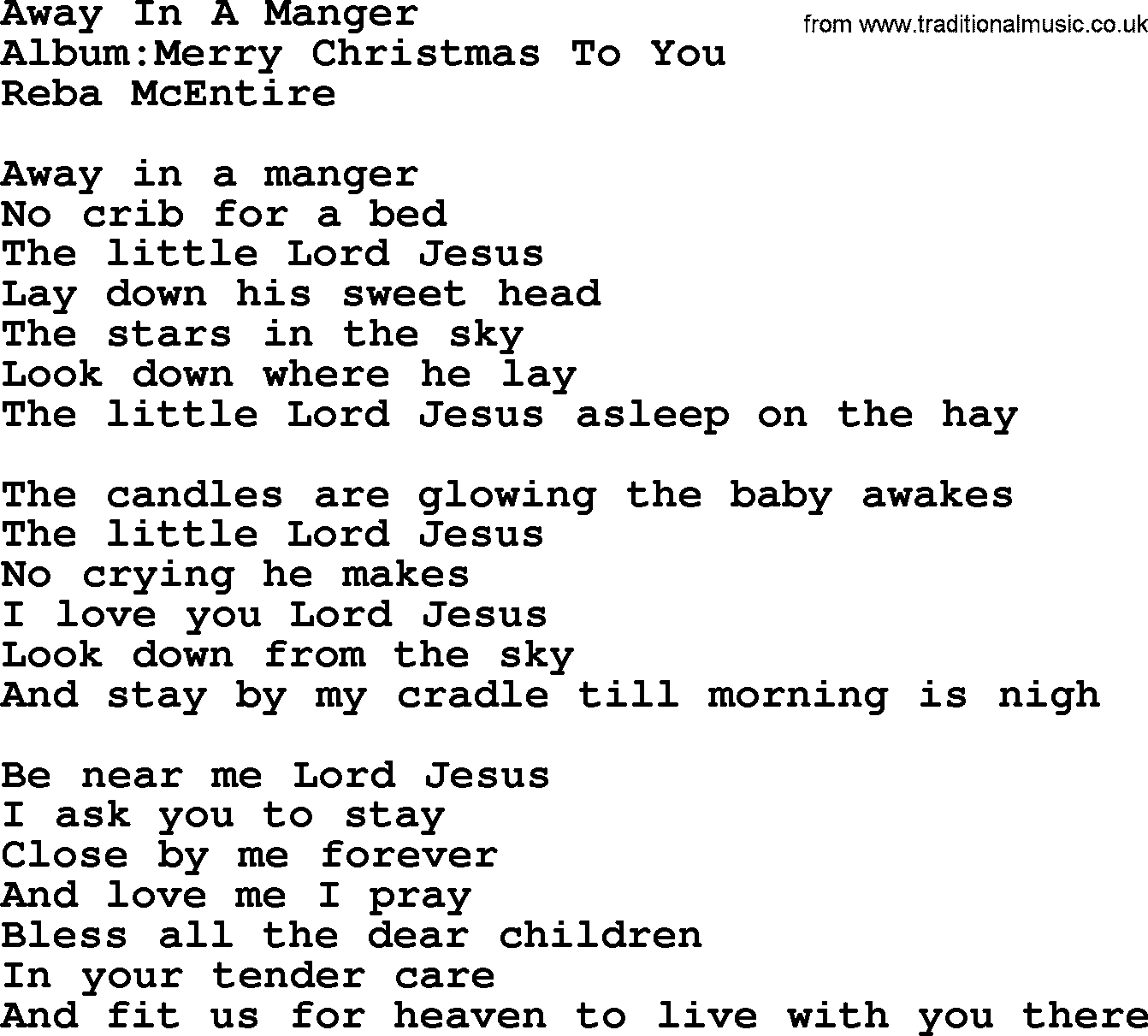Reba McEntire song: Away In A Manger lyrics